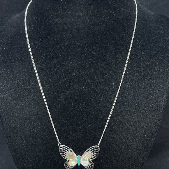 Silver Tone Curb Chain Necklace With Abalone Butterfly Pendant (4296) - Picture 1 of 7